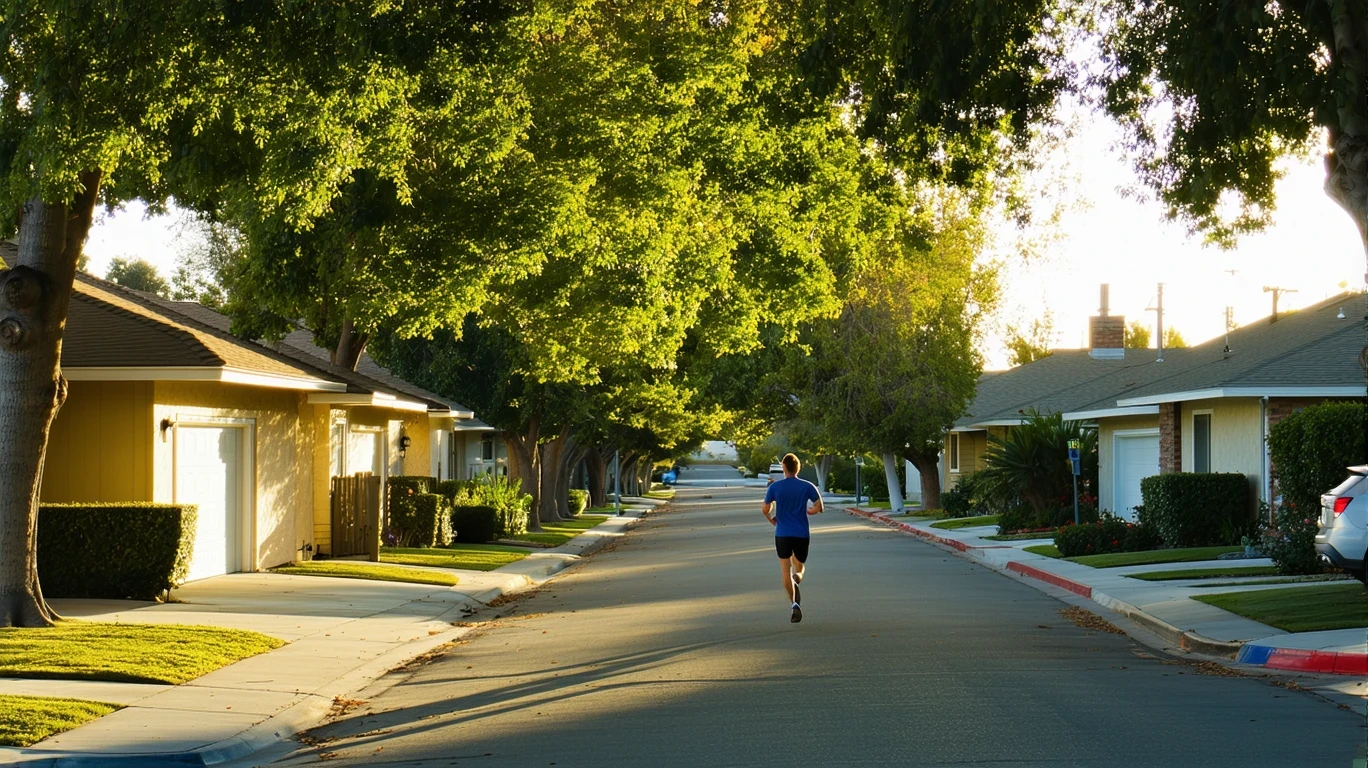 A tree-lined residential street in Colton, CA with one-story homes and a jogger, just after sunrise.