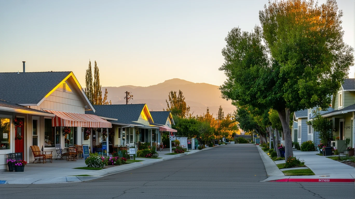 A quiet street in Colton, California lined with small shops and houses at dusk.