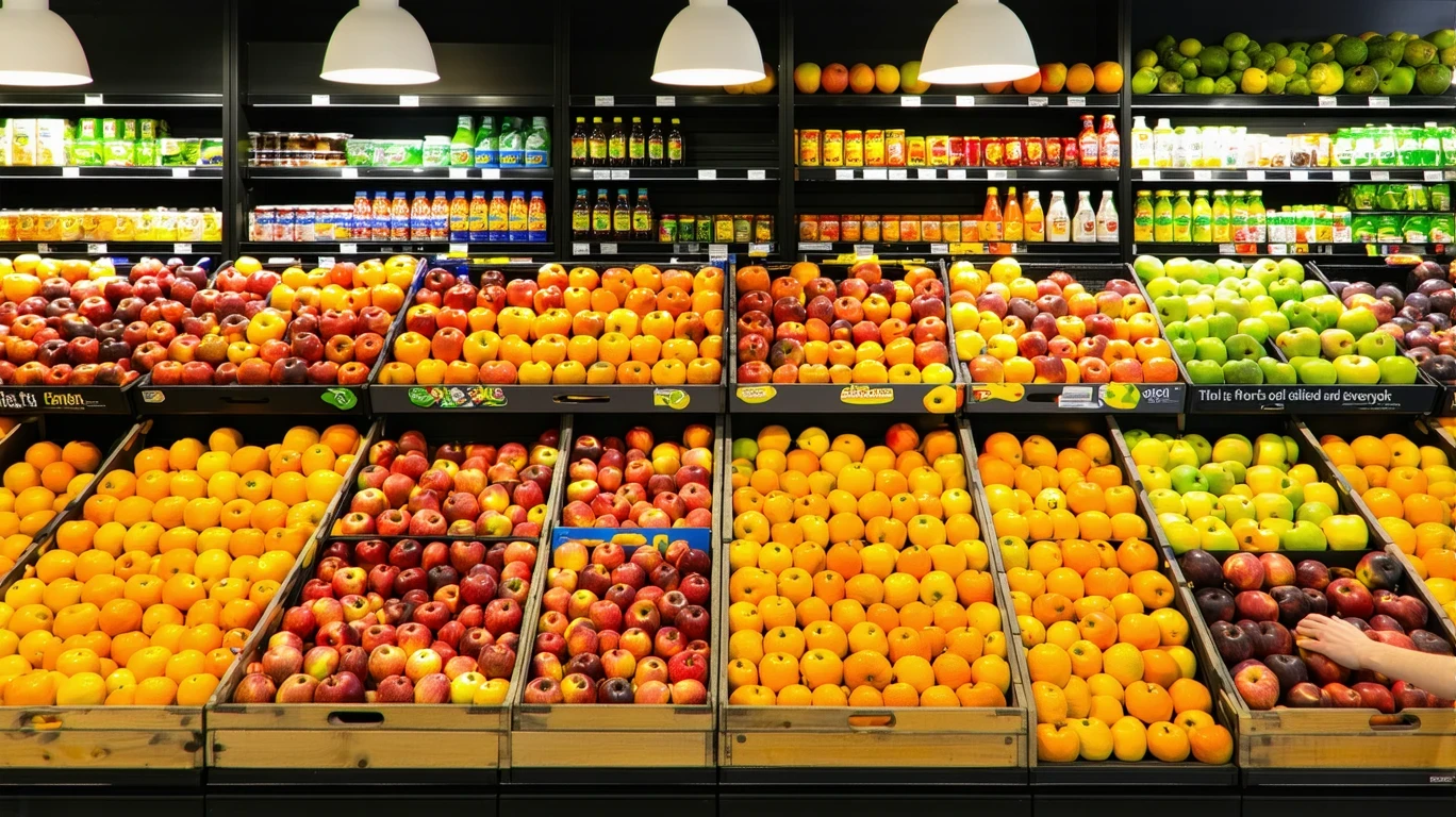 A hand selecting an apple from a tidy produce bin in a Colton, CA grocery store.