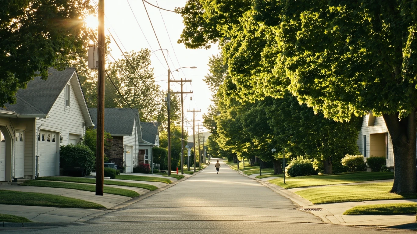 Sunlight filtering through maple trees onto a suburban sidewalk, with telephone wires overhead and a person walking in the distance.