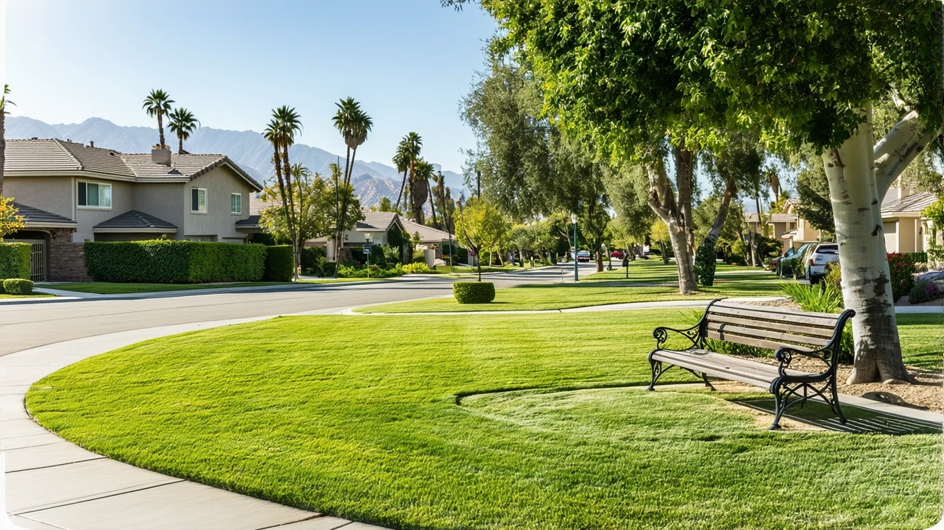 A well-maintained neighborhood park with hedges, a path, and a bench, surrounded by suburban homes and palm trees.