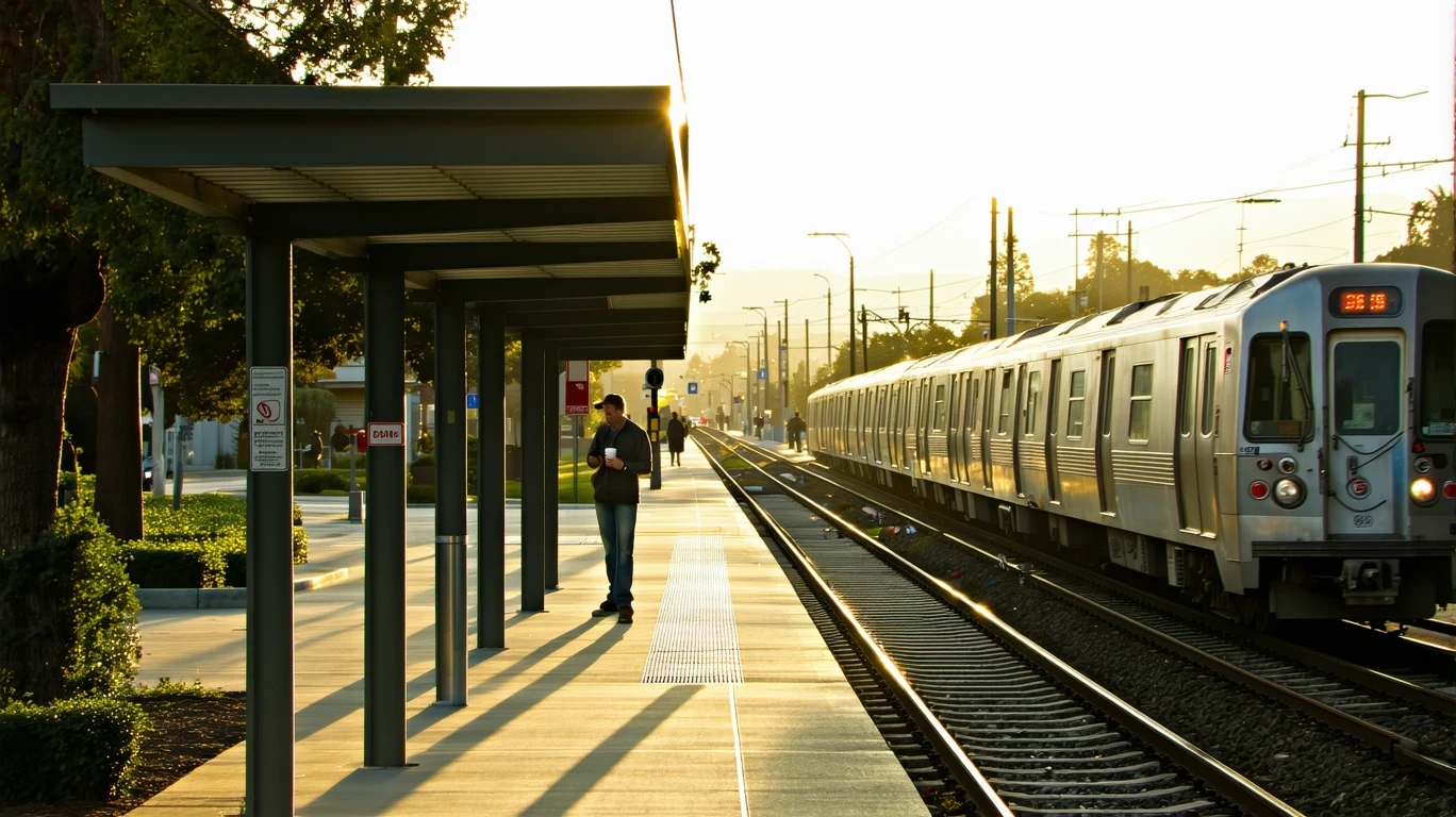 A commuter holding coffee on a nearly empty light rail platform at sunrise.