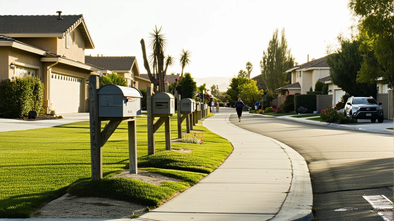 A sunlit suburban sidewalk in Colton, California lined with gray mailboxes, with modest stucco homes visible across the street.
