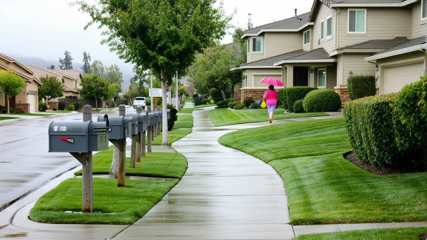 A view of a residential sidewalk in Murrieta after rain, with mailboxes and homes visible.