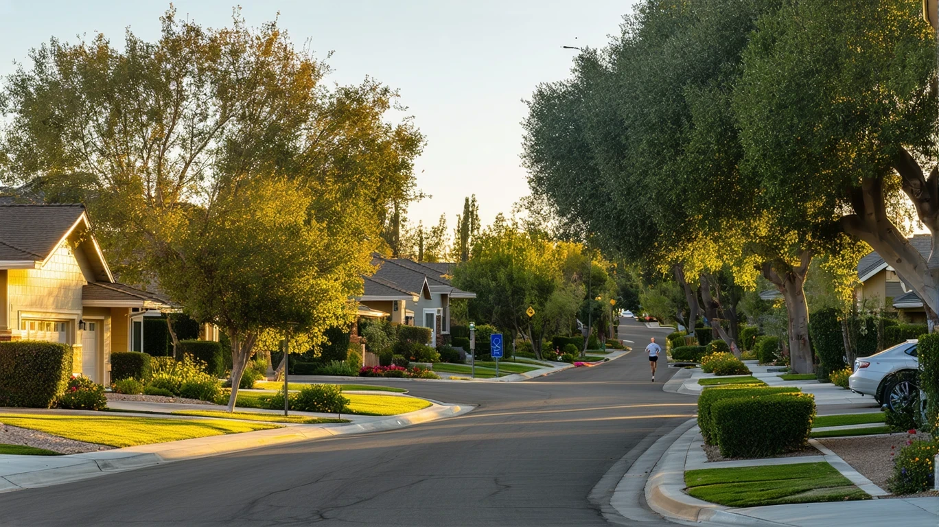 A quiet suburban cul-de-sac in early morning light, with native landscaping and a jogger in the distance.