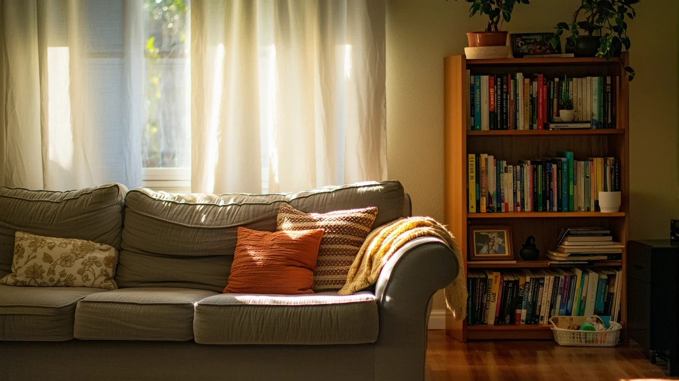Sunlight filters into a cozy living room with a couch and bookshelf in a suburban home.