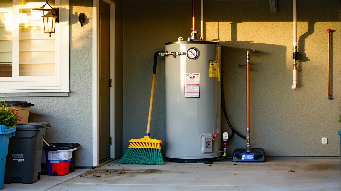 A tidy garage corner with a well-maintained water heater and pipes.