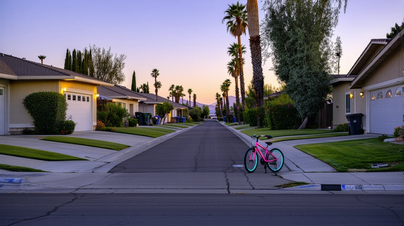 A small cul-de-sac in Colton, CA at dusk with porch lights on and a child's bicycle near the curb.