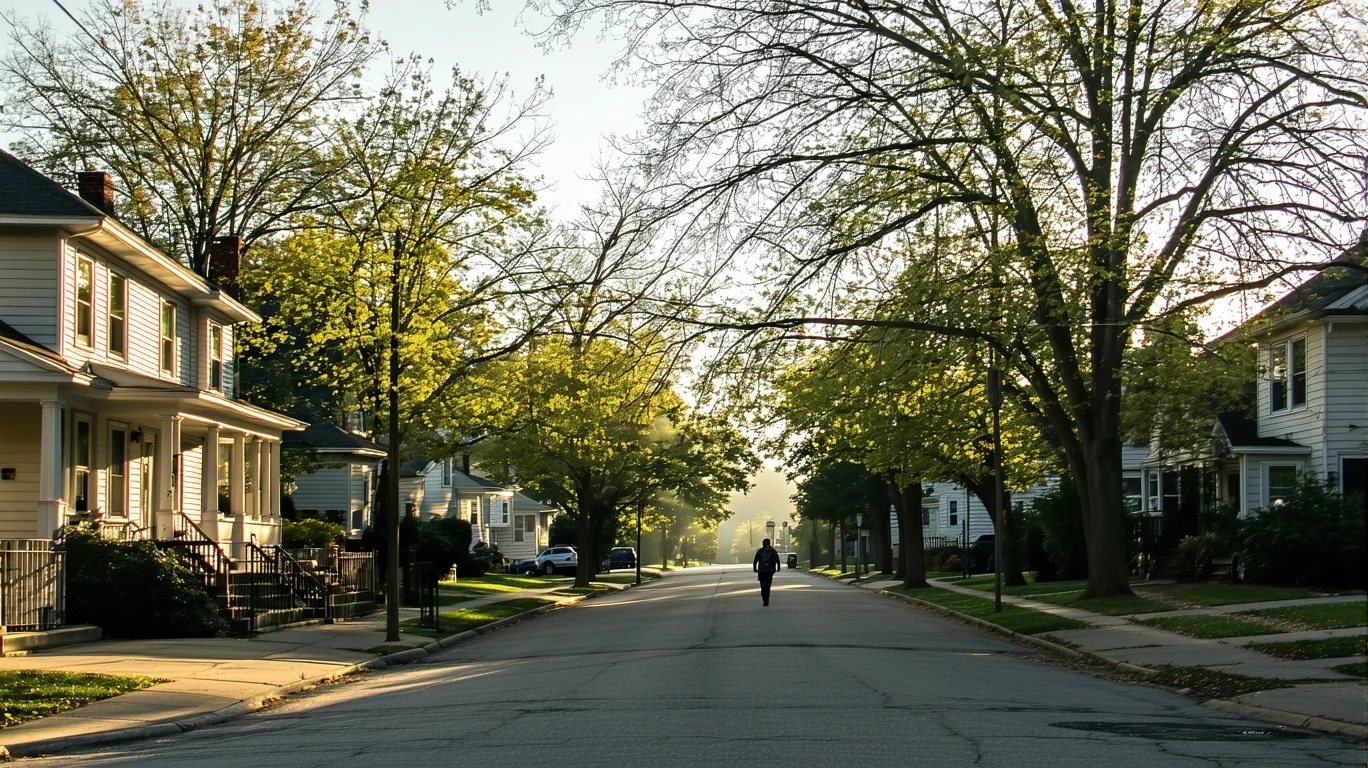 A tree-lined residential street in Columbus, Ohio with one-story homes and a pedestrian on the sidewalk, just after sunrise.