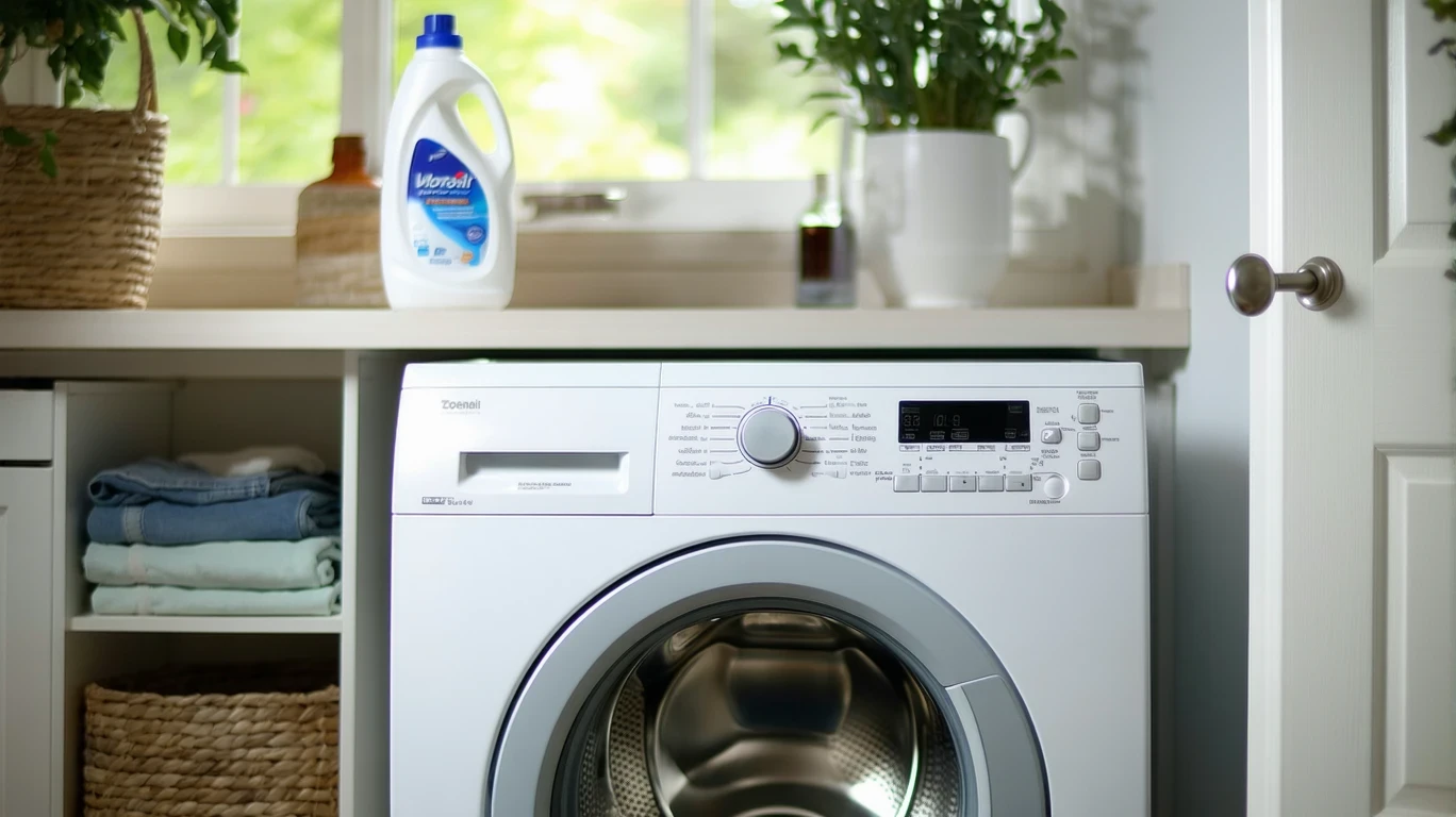 Top-loading washing machine in cycle with detergent bottle on laundry shelf.