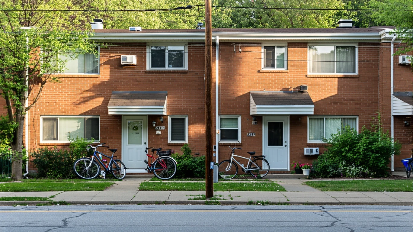 Apartment buildings along a tree-lined street in Columbus with bicycles on a small porch.
