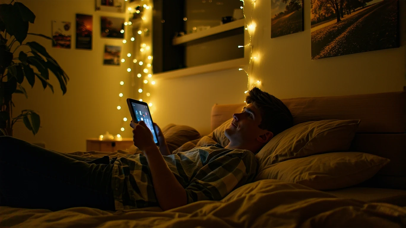 Teenage boy lying on bed looking at tablet screen in bedroom with ambient lighting.