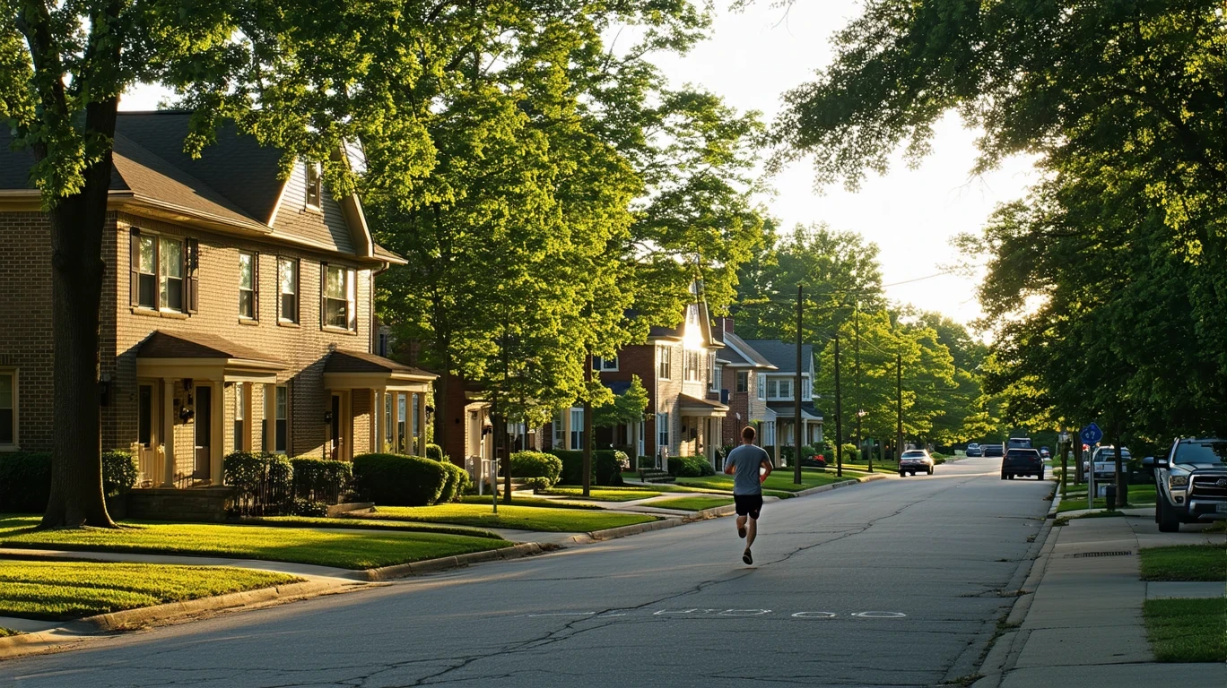 A tidy residential street in Columbus, Ohio with one-story homes and mature trees, photographed at sunrise.