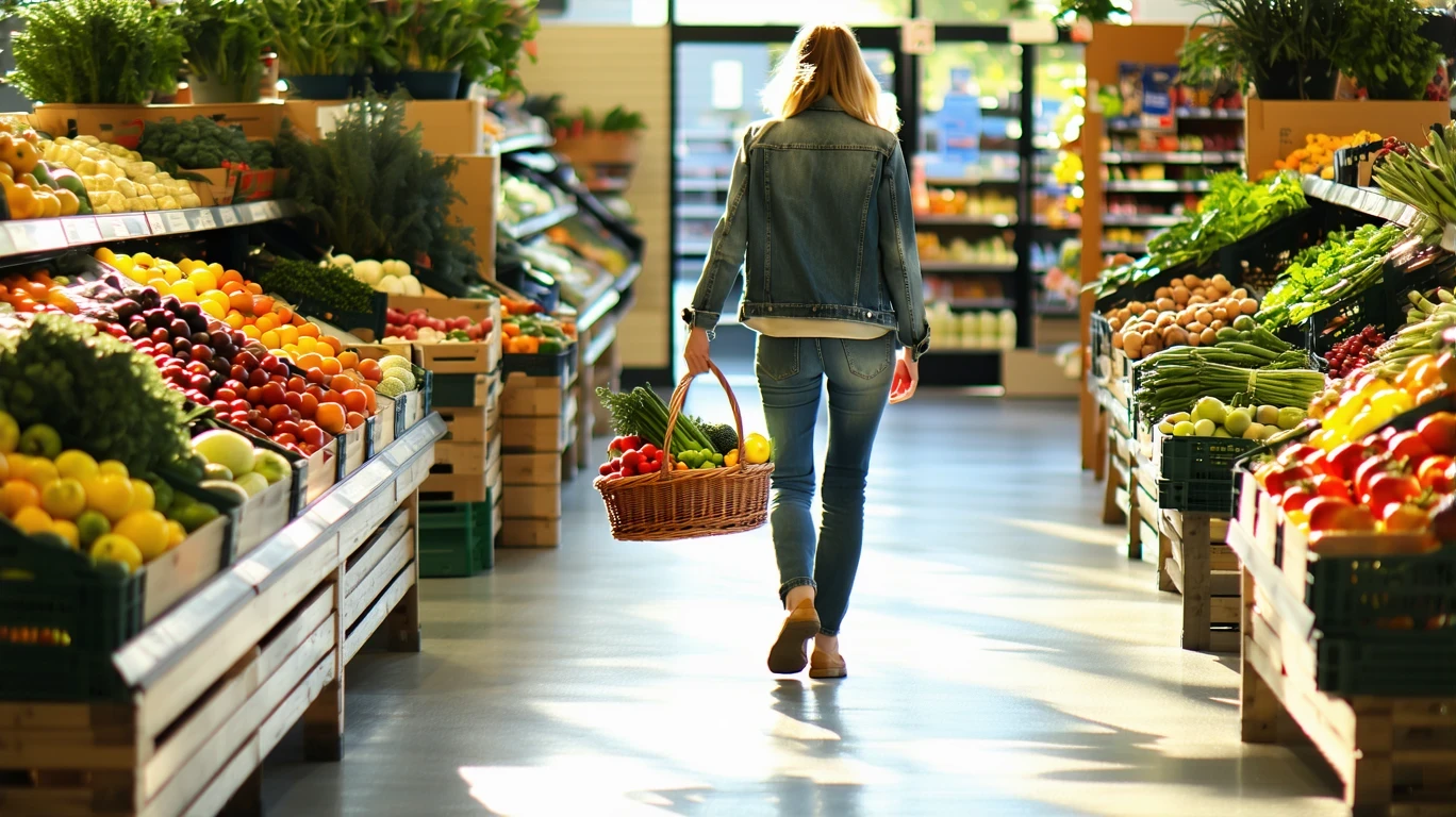 A shopper comparing produce prices in a Columbus, OH grocery store aisle.
