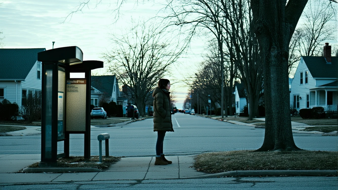 A young woman waits at a bus stop on a quiet suburban street at dawn.
