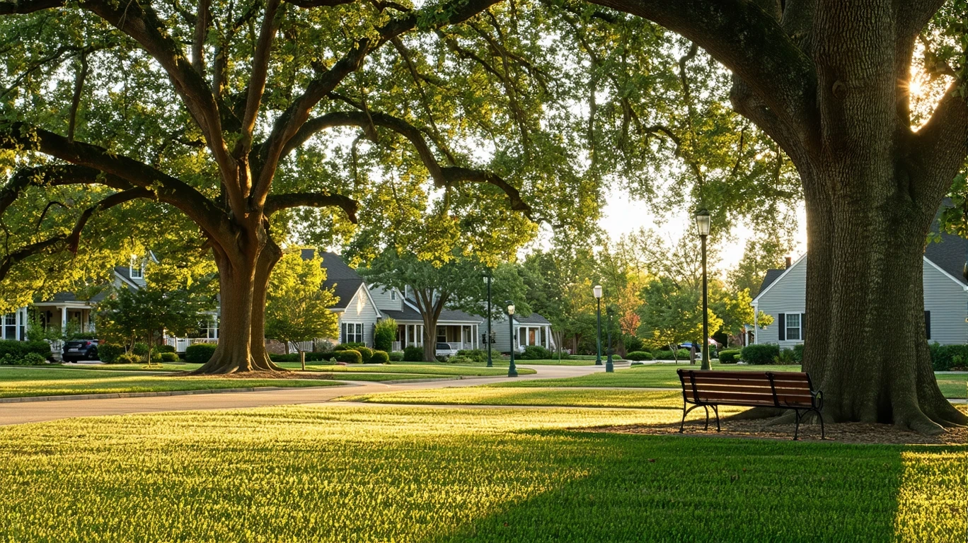 A grassy park area with oak trees, empty benches, and walking path in a Columbus suburb at golden hour.