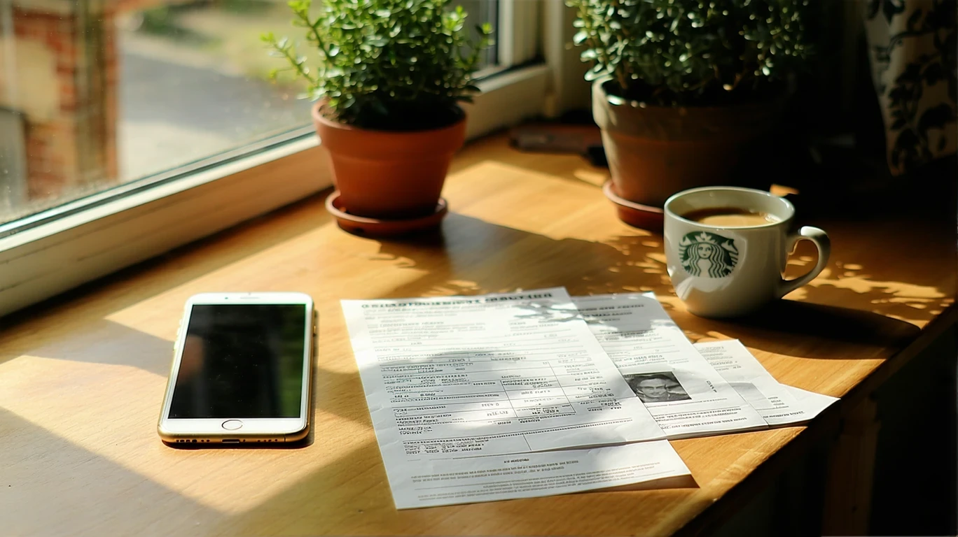A cluttered table with a phone, grocery receipt, budget notes, and takeout menus.