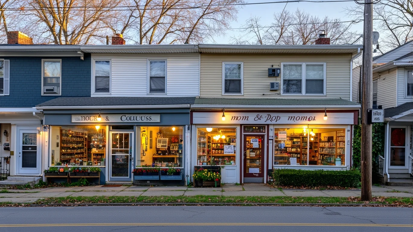 A strip of small storefronts beside a residential street in Columbus, Ohio at dusk, with empty patios and surrounding homes.