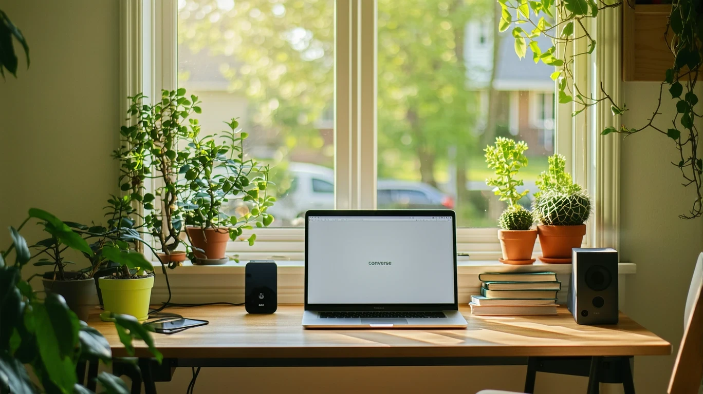 A sunlit home office nook with an ethernet cable connecting to a modem and router on a tidy desk.