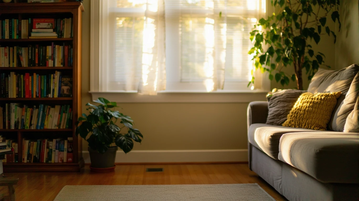 A sunlit living room with a couch, bookshelf, and plant in a suburban home.