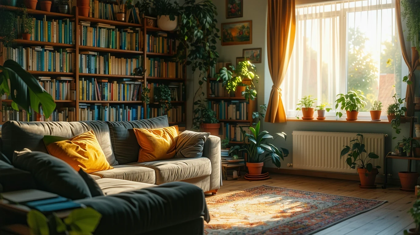 A small, neatly furnished living room with a couch, bookshelf, rug, and plants, lit by soft natural light through sheer curtains.