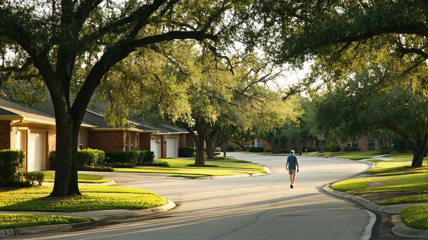 Sidewalk curving through a tree-lined street in a peaceful Converse, Texas neighborhood with glimpses of tidy homes beyond.