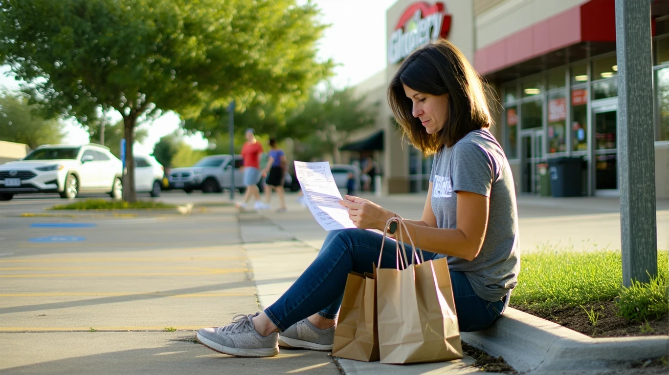 A young woman sitting on a curb checking her grocery receipt outside a discount store on a sunny day.