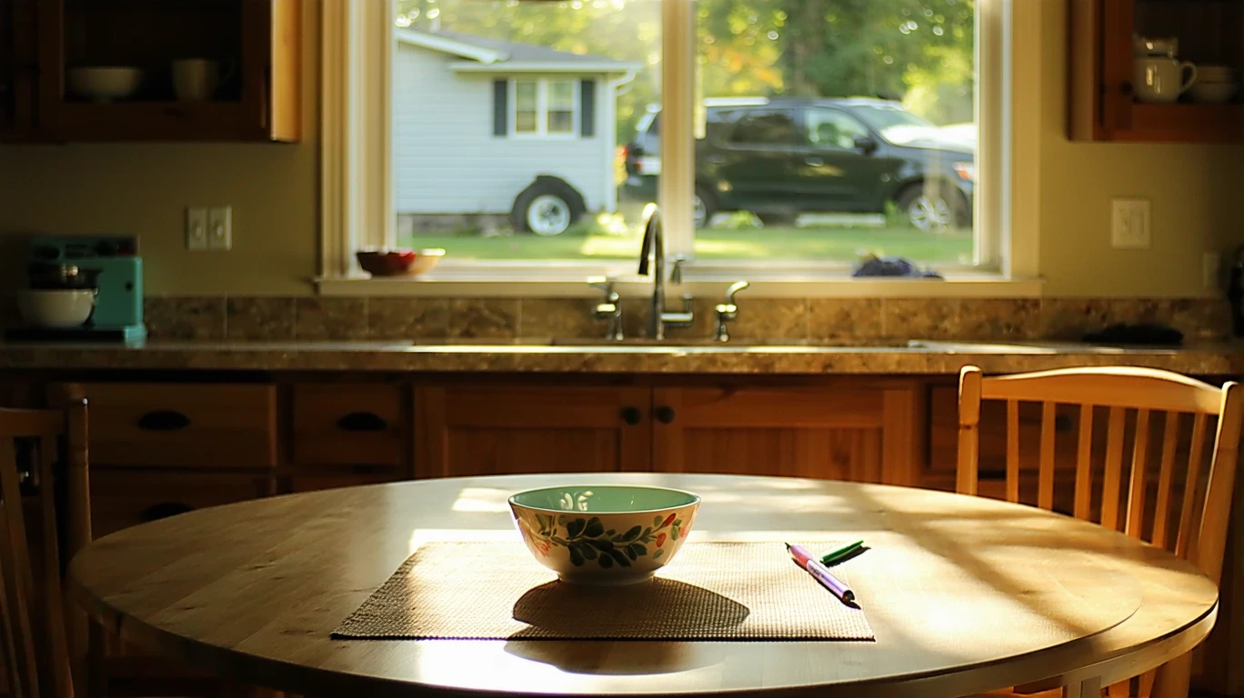 A morning kitchen scene with cereal, a check stub, and a pen on a placemat.