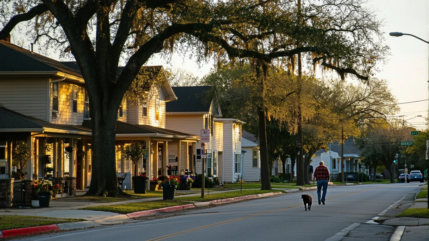 Quiet street in Converse, Texas at dusk, with small local shops beside a residential neighborhood.