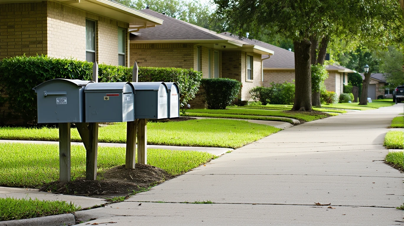 A suburban sidewalk curving past a group of mailboxes in front of homes on a cloudy day.