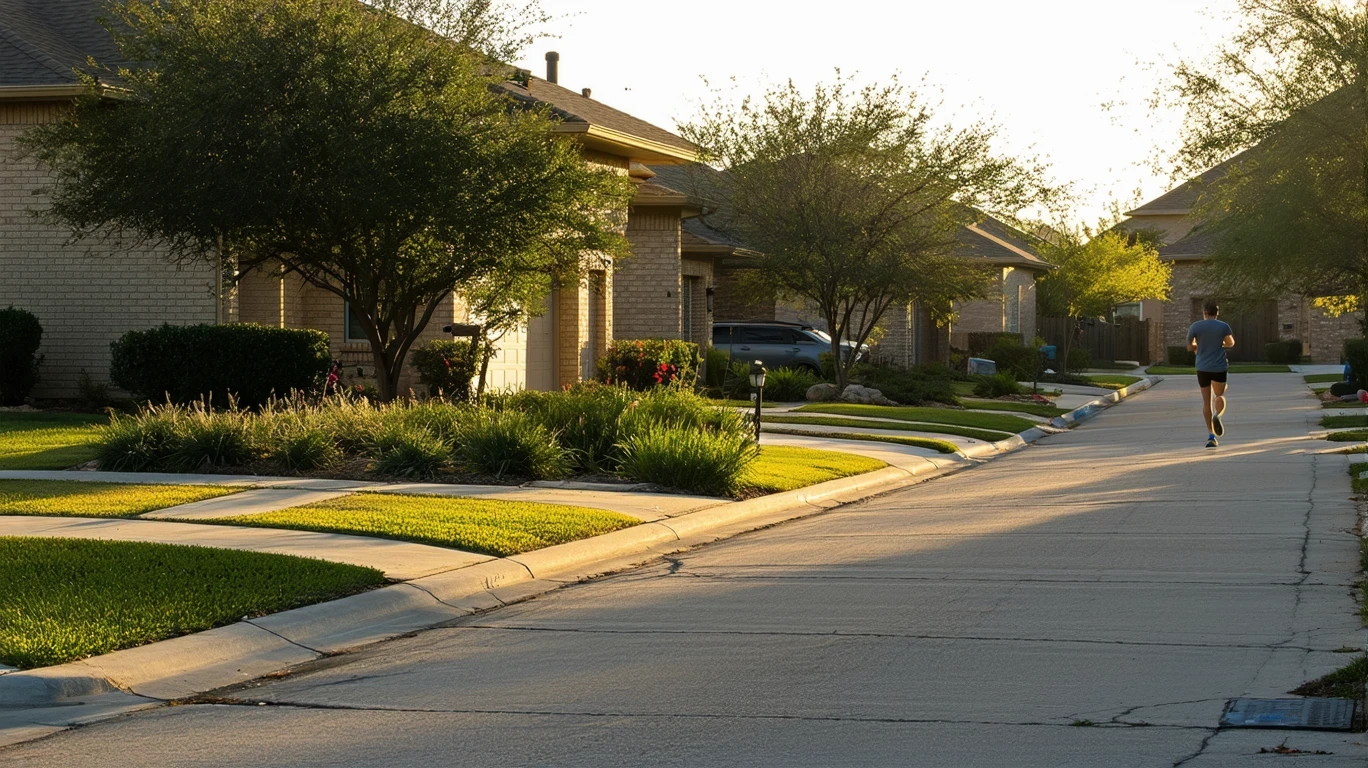 Suburban cul-de-sac in Converse, Texas with modest single-story homes, native landscaping, and a jogger on the sidewalk in morning light.