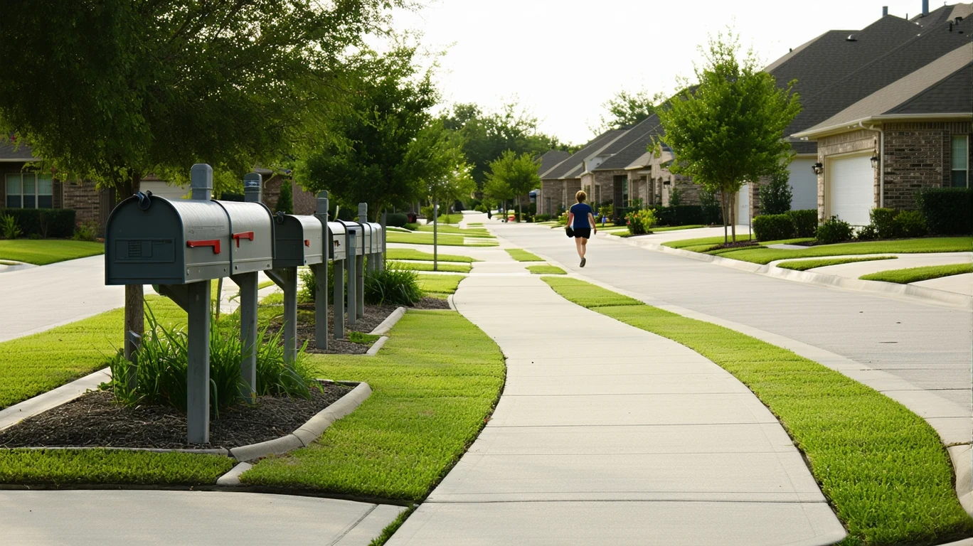 A sunlit suburban sidewalk in Converse, TX lined with gray mailboxes and framed by lawns and homes.