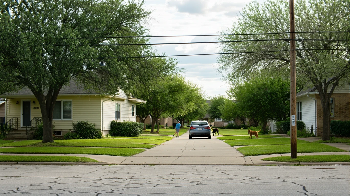 A residential street corner in Converse, TX with modest homes, patchy grass, and an older car parked on the street. A man walks his dog down the sidewalk.
