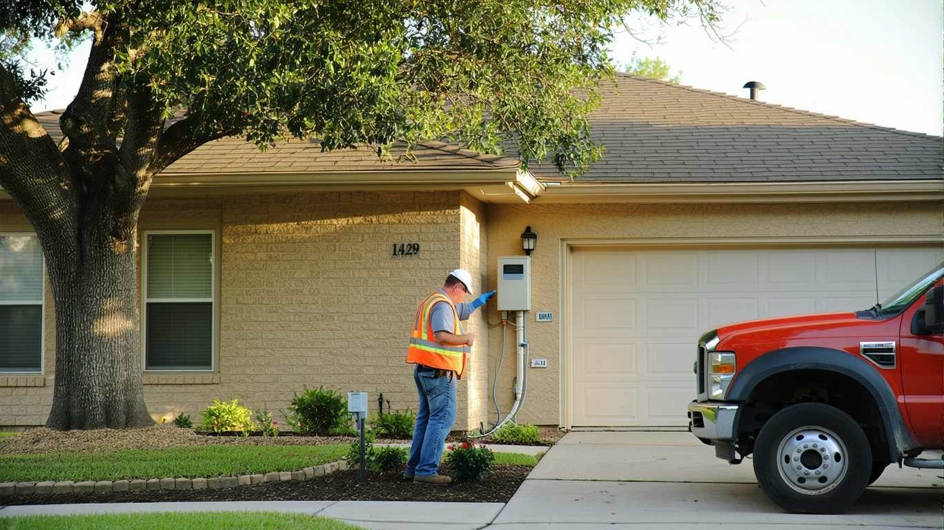 Utility technician inspecting electric meter on suburban home in Converse, Texas.