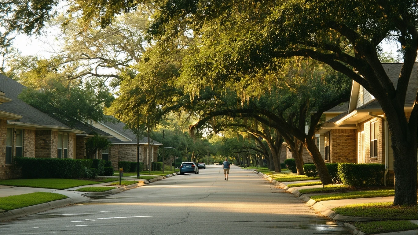 A tree-lined street in Converse, TX after a rain shower, with wet pavement and palm trees reflected in puddles.
