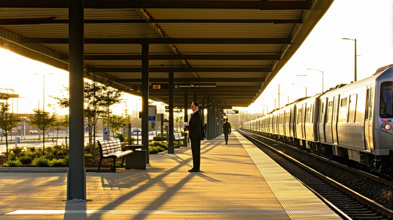 A commuter waits on a light rail platform at sunrise in Converse, Texas.