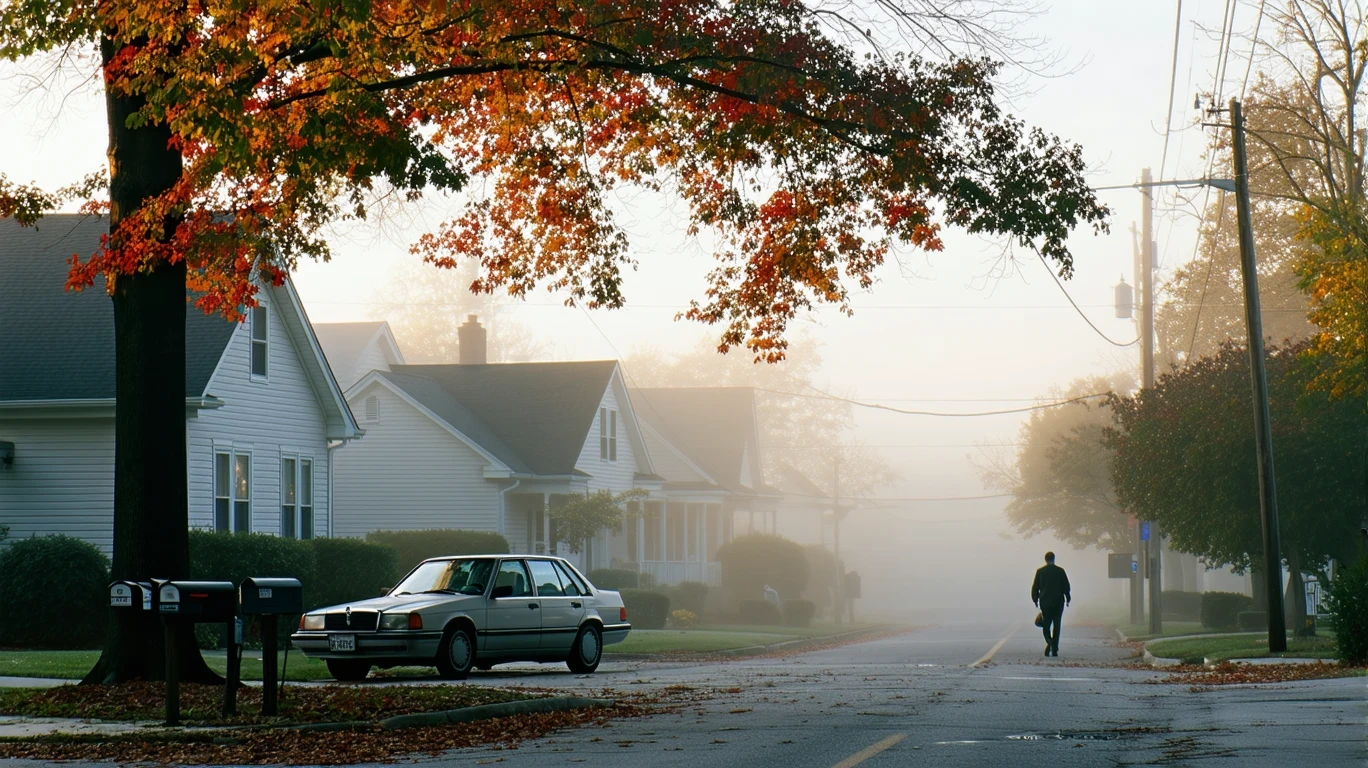A foggy morning street in Cornelius, NC with houses, a parked car, and a person walking in the distance.