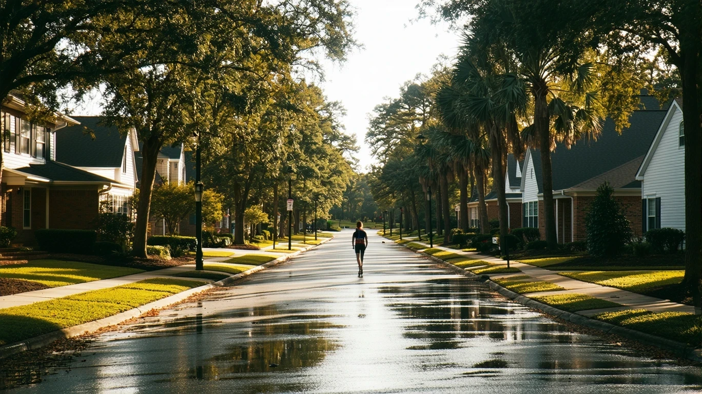 A tree-lined street in Cornelius, NC with wet asphalt and palm tree reflections after a rain shower.