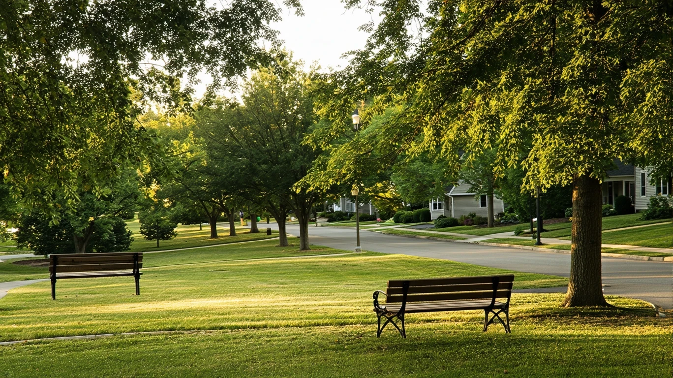 A serene park in Cornelius with empty benches, a walking path, and glimpses of surrounding homes in the golden evening light.