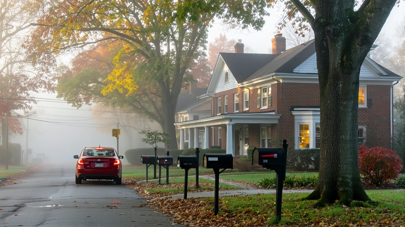 A foggy morning street in Charlotte lined with brick homes, colorful fall foliage, and a parked vintage car.