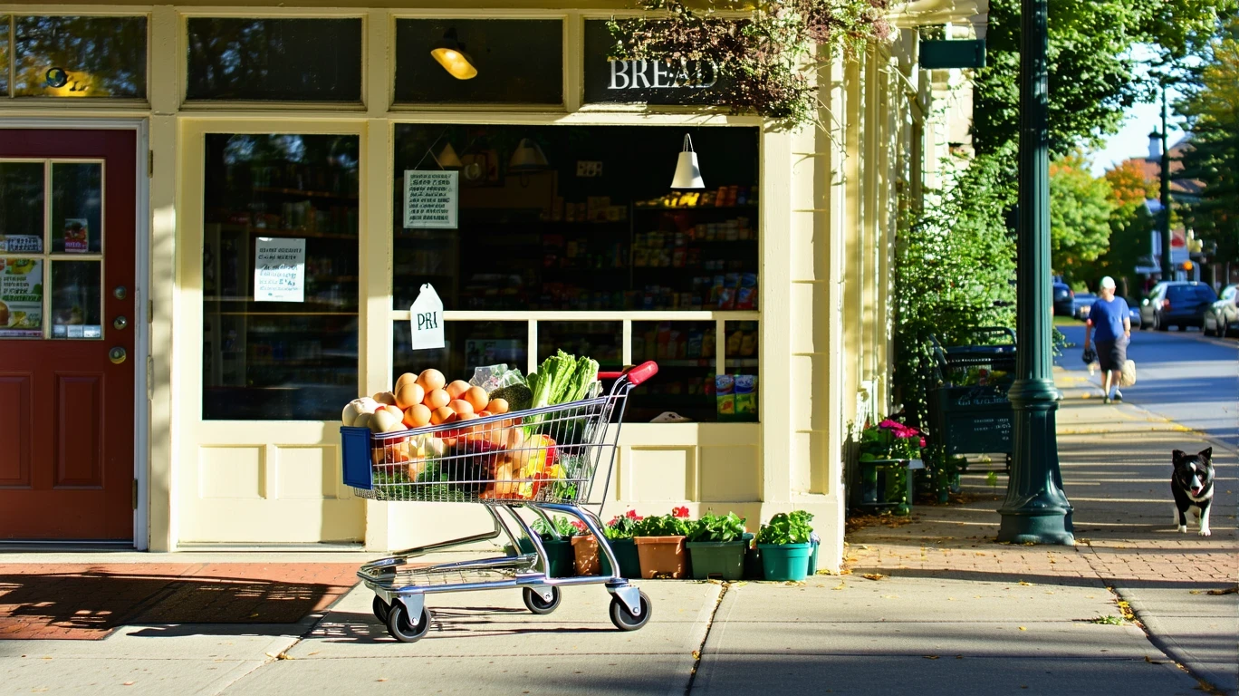 A half-full grocery cart in front of a local market in Cornelius, North Carolina on a sunny afternoon.