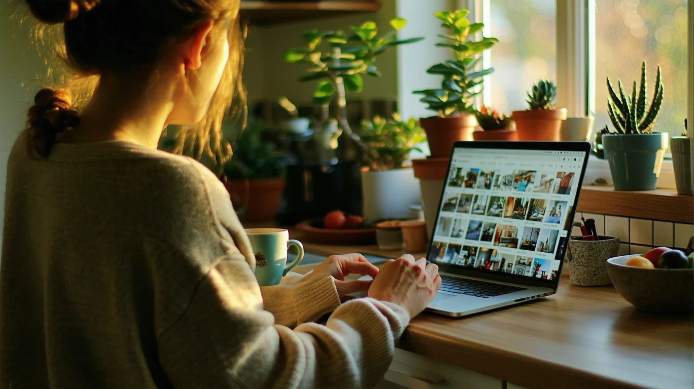 A person browsing streaming services on a laptop at their kitchen table, with a coffee mug and morning light.
