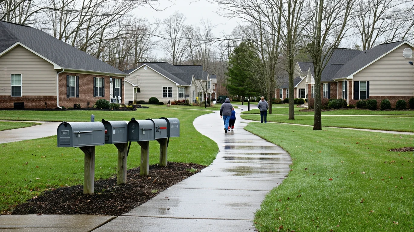 A curving suburban sidewalk on a cloudy day, with gray mailboxes and one or two people walking in the distance.