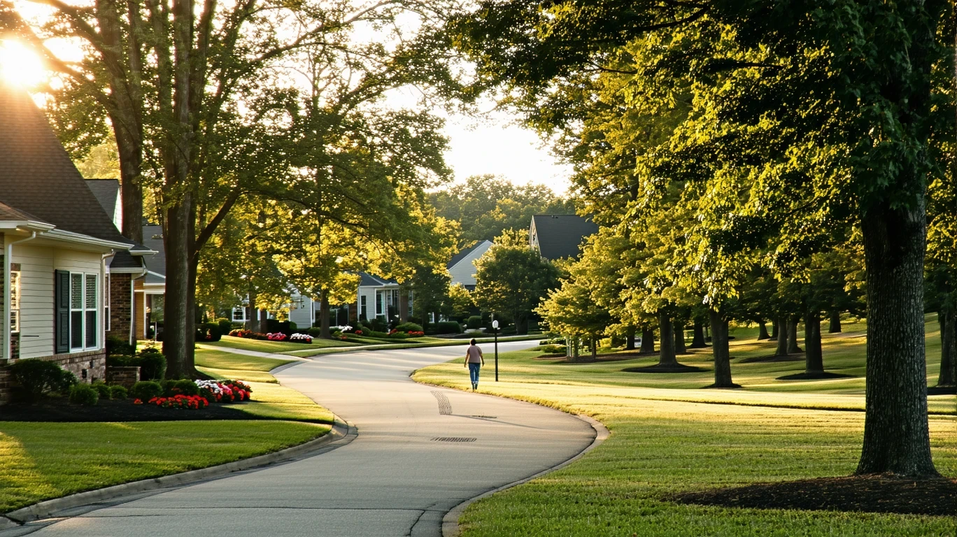 A person walks along a curving sidewalk shaded by tall trees, with house rooftops visible through the leaves.