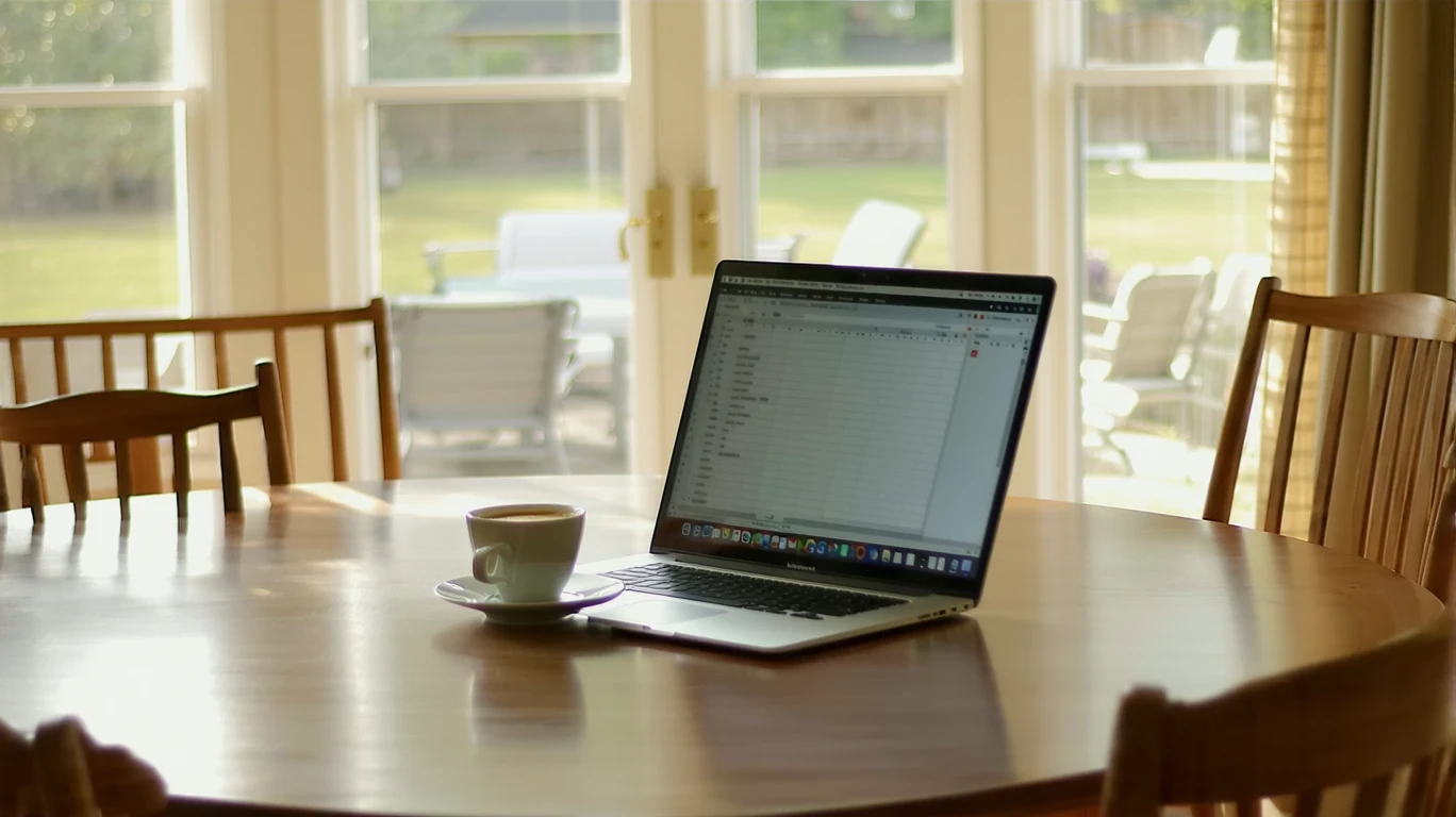 An open laptop displaying budgeting software next to a coffee mug on a dining room table in a suburban home interior.