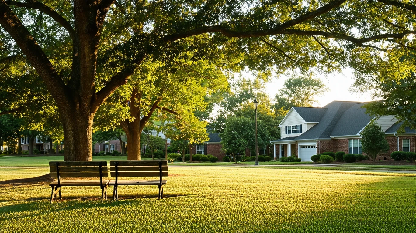 A well-maintained park lawn beneath oak trees in late afternoon light, with two empty wooden benches in the foreground and homes visible in the background.
