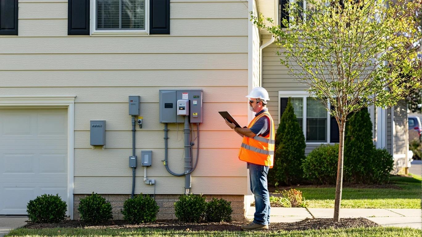 A utility worker inspects an electric meter on a suburban home in Cornelius, North Carolina.