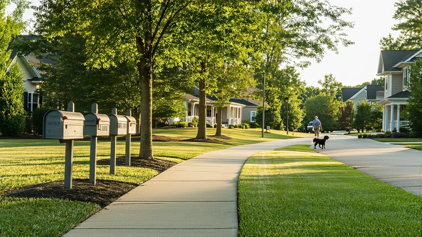A sunlit suburban sidewalk in Cornelius, NC lined with gray mailboxes and trees.