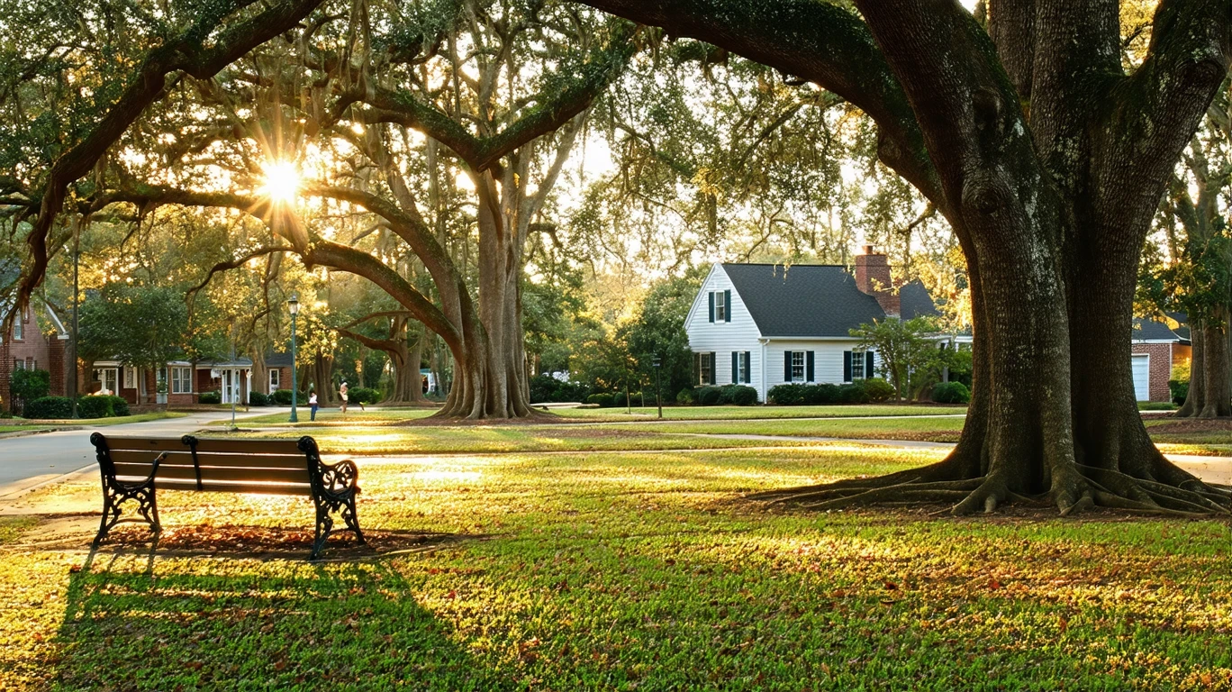 A quiet park lawn with oak trees and empty benches in golden-hour light.