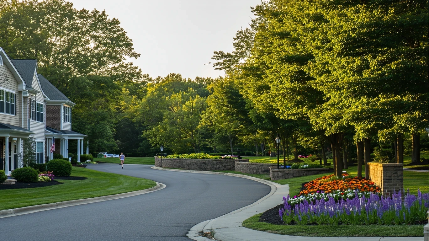 A quiet suburban cul-de-sac in the early morning light, with homes, landscaping, and a jogger in the distance.